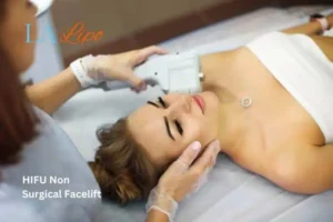 Woman having Hi-Fu to reduce wrinkles Shropshire.