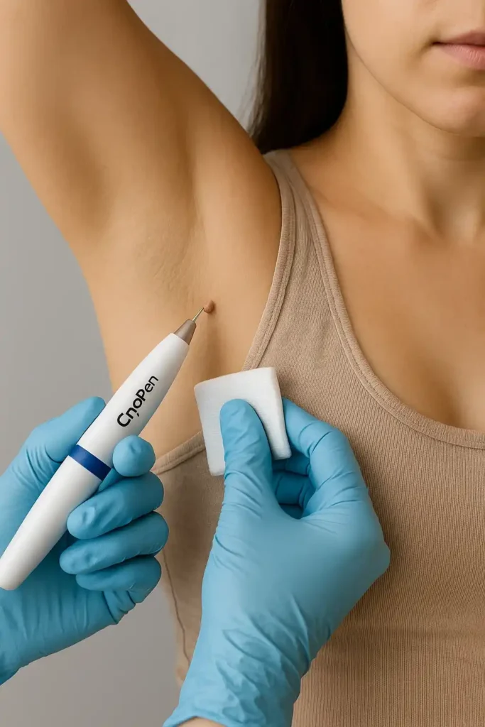woman having cryopen to remove underarm skin tags Shropshire