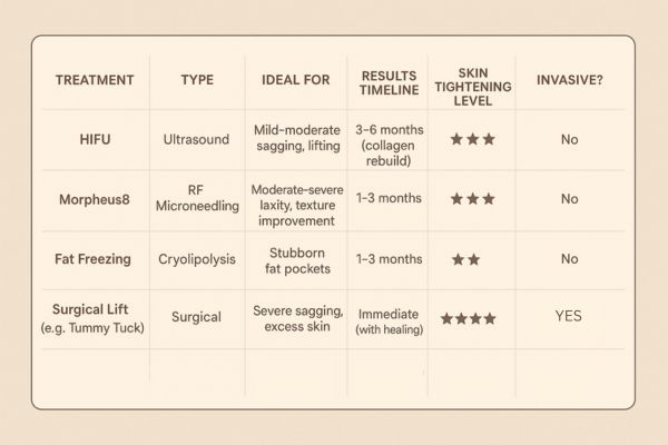 Table showing the comparisons of Skin tightening Shropshire treatment options.